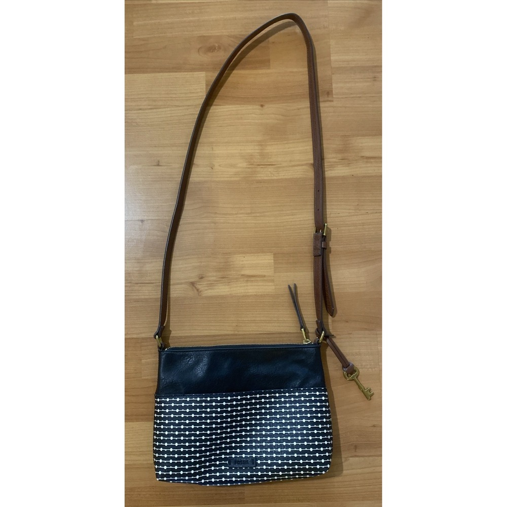 Fossil Fiona Crossbody Bag Purse Black White Dots Brown Leather Strap Zip